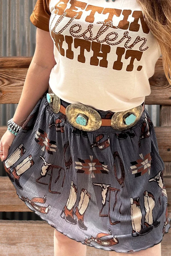 Retro Western Boot Print Skirt
