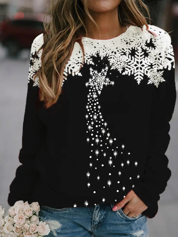 Christmas Snowflake Print Long Sleeve Casual Sweatshirt