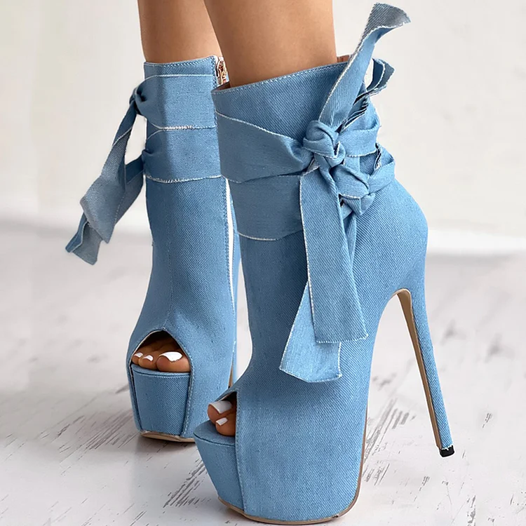 Blue Peep Toe Denim Boots Classic Stiletto Heel Platform Ankle Boots |FSJ Shoes