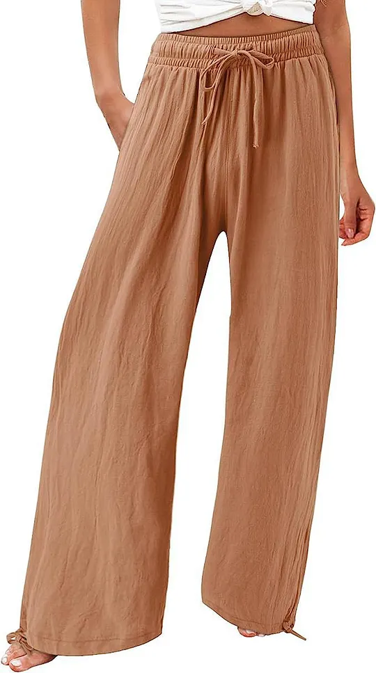 Summer Casual Loose Beach Pants Women's Wide Leg Pure Color Rope Detailing Long Trousers Comfortable Loose Fit Beachwear