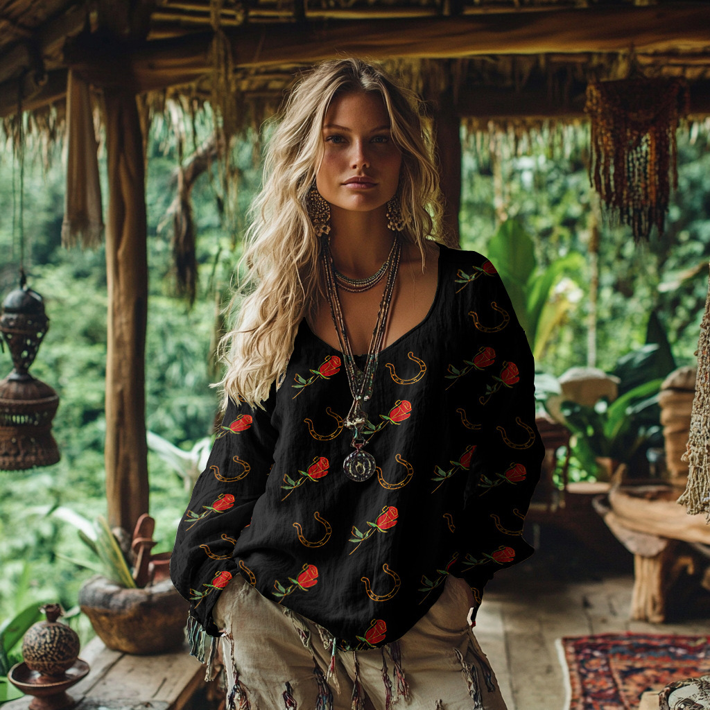 Linen-cotton Blend Bohemian-style Printed Long-sleeved Top - Helixace