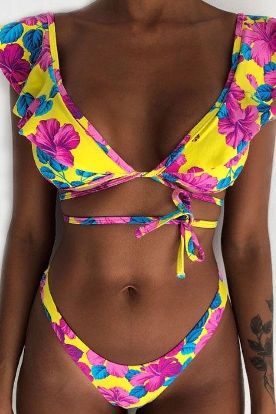 Multi Way Boho Floral Ruffle Neck Bikini Swimsuit - Two Piece Set - Shop Trendy Women's Clothing | LoverChic