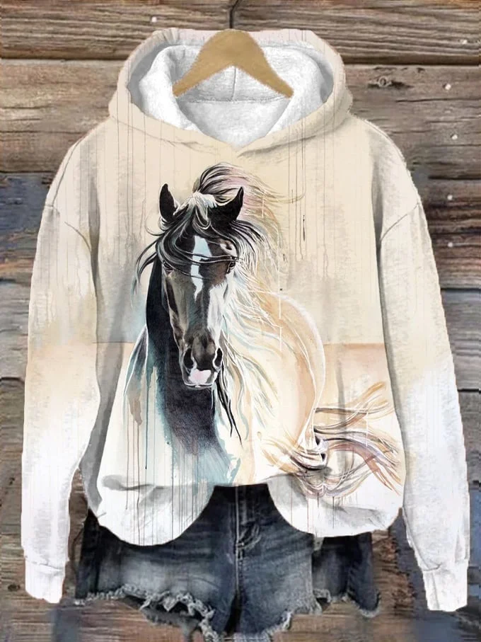 Women's Western Oil Painting Horse Print Hooded Sweatshirt