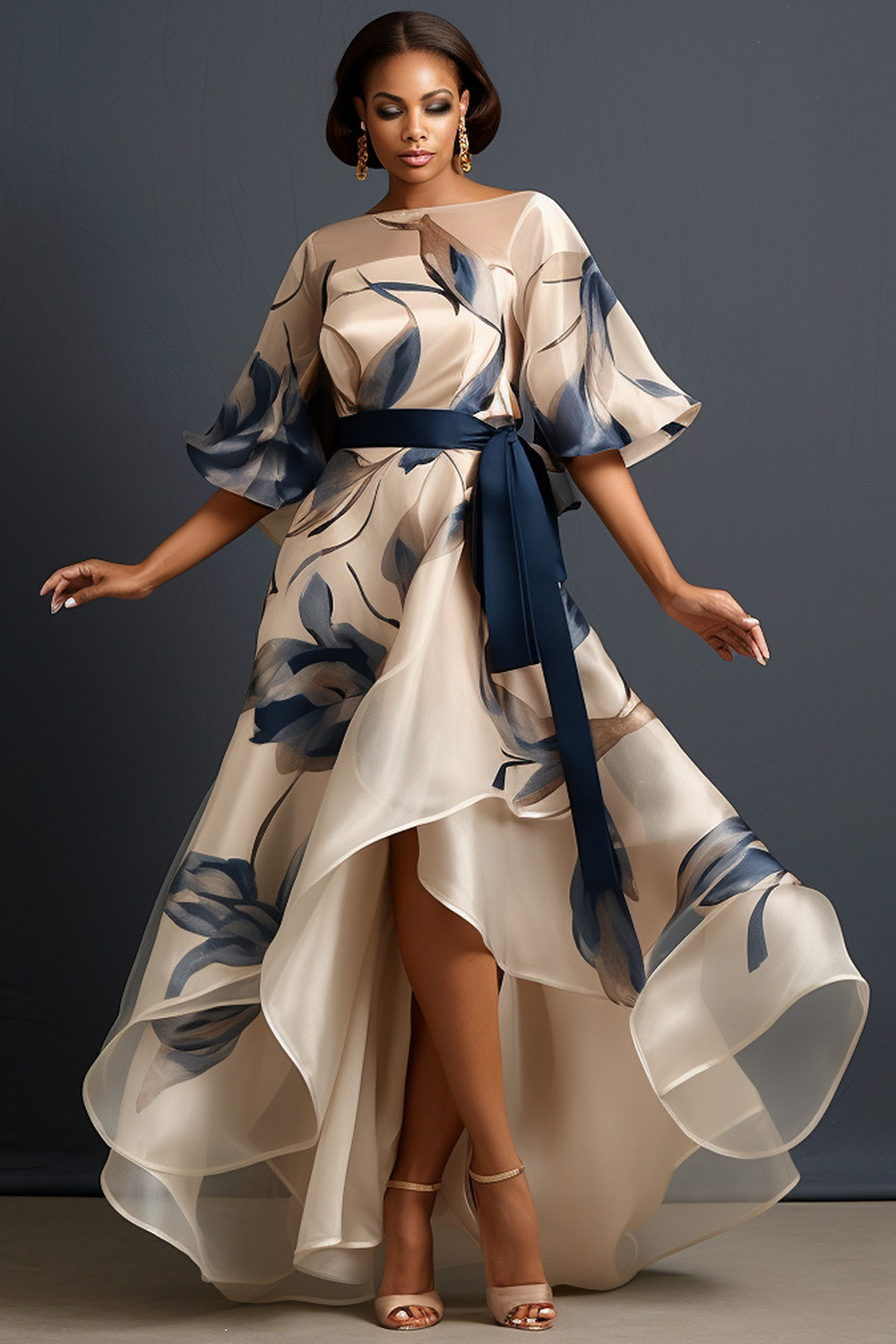 acka all sheer flower dress（beige） Xpluswear Design Plus Size Formal Beige Floral Round Neck