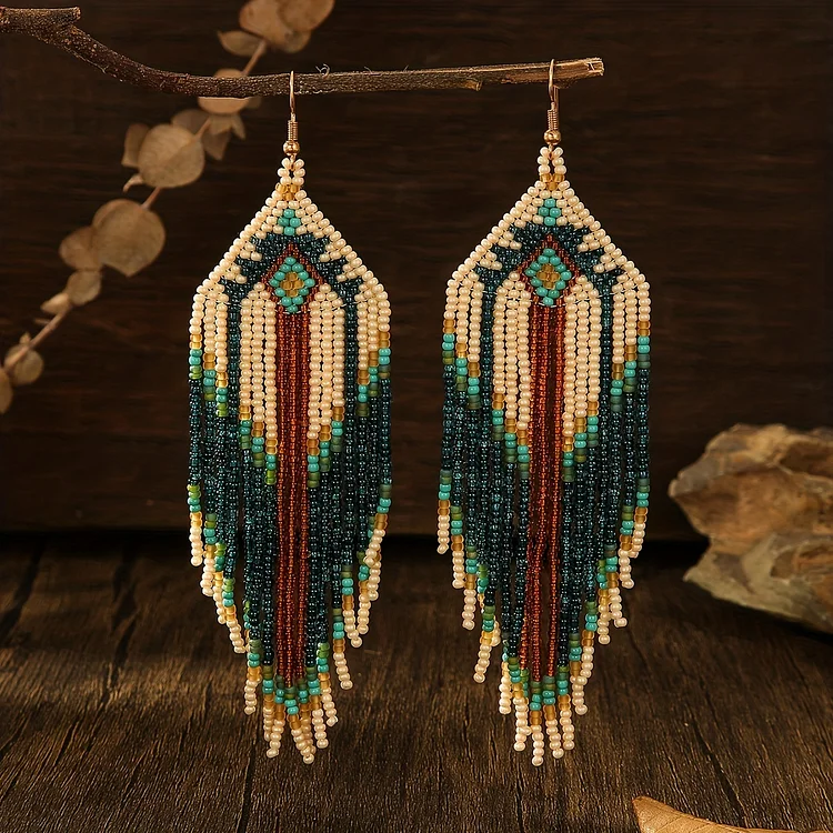 Full Beads Decor Tassel Design Geometric Pattern Dangle Earrings Bohemian Vocation Style Holiday Ear Ornaments