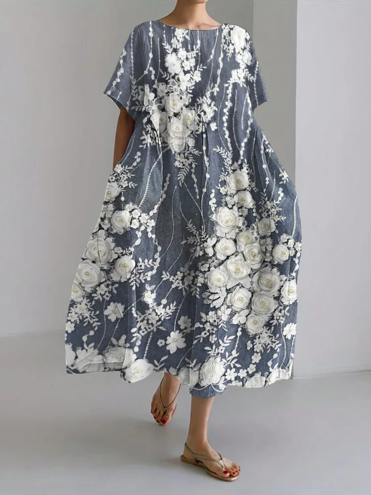 Comstylish White Roses 3D Floral Lace Linen Blend Maxi Dress