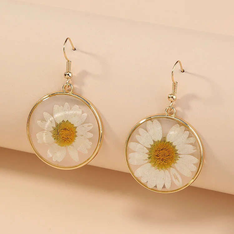 Pressed Flower Dangle Drop Earrings Daisy Flower Resin Round Circle Hook Earrings Fashion Jewelry For Women Girls