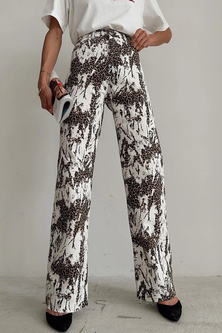 Leopard Print Pocket High Waist Straight-Leg Pants-White
