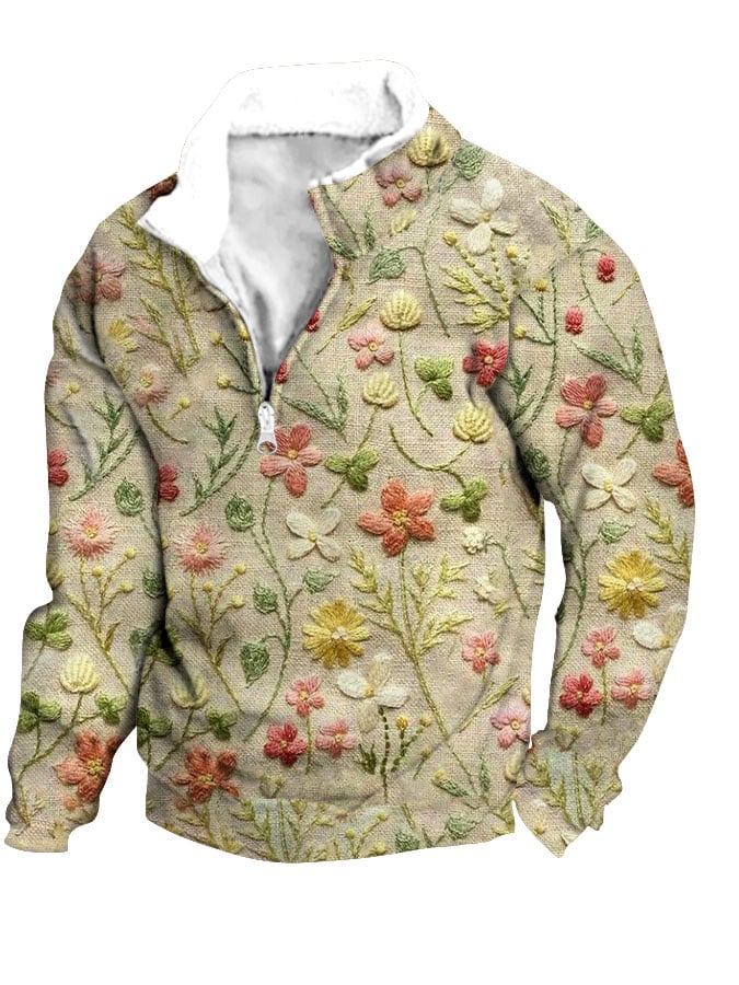 Men S Floral Embroidery Pattern Art Print Plush Half Open Collar Pullover