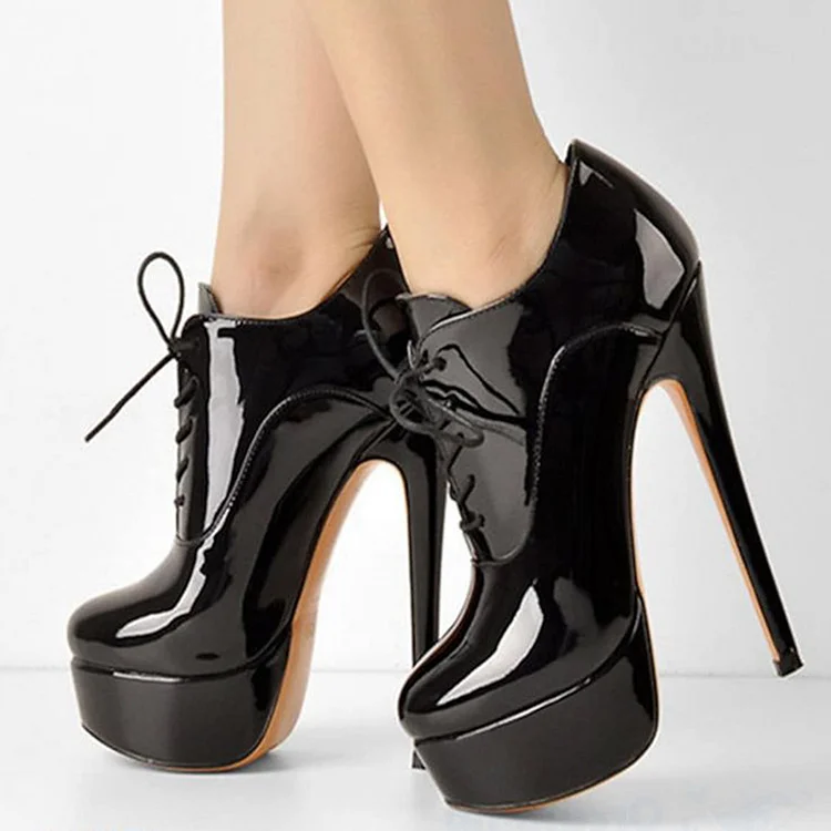 Black Patent Leather Platform Booties Stiletto Heel Lace-Up Shoes |FSJ Shoes