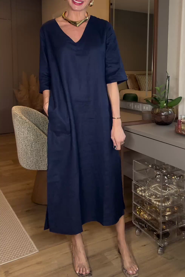 V Neck Linen Half Sleeve Loose-Fit Plain Slit Midi Dresses [Pre Order]