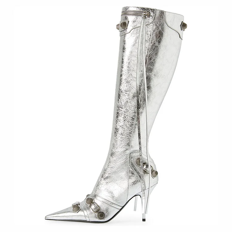 Silver Stylish Pointed Toe Zipper Shoes Knee High Metallic Boots |FSJ Shoes