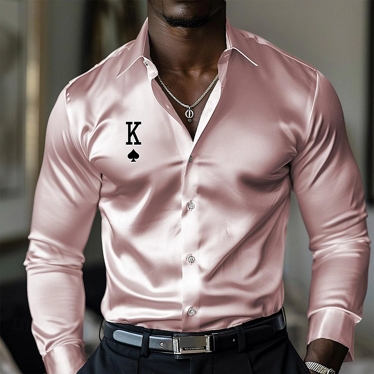 Men's Business Casual Polker K Letter Long Sleeve Satin Shirts