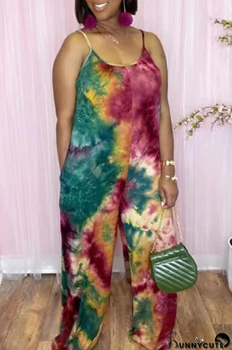 Red Fashion Casual Print Tie-dye Backless Spaghetti Strap Regular Jumpsuits
