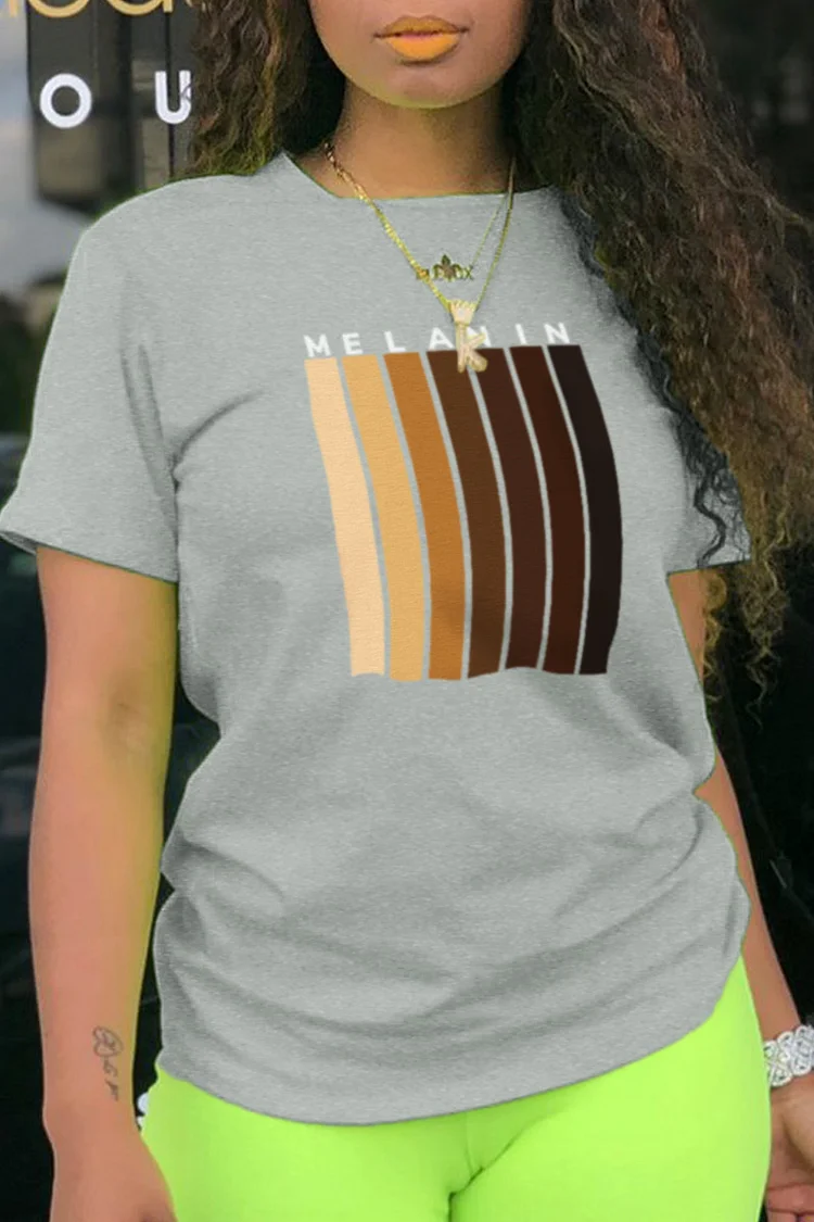 Grey Fashion basis Print Patchwork O Neck T-Shirts