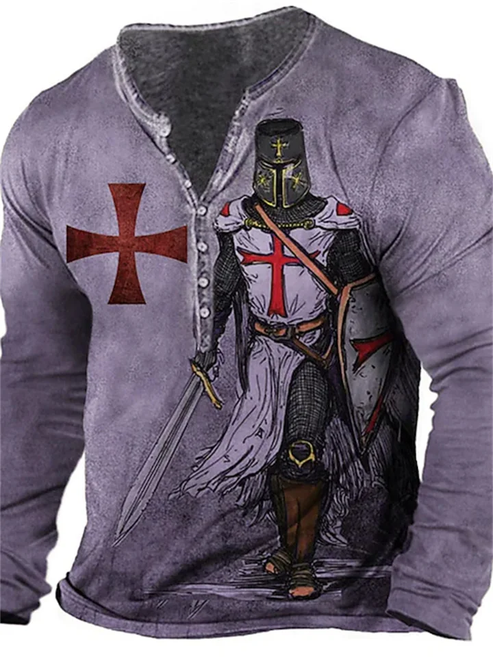 Men's Henley Shirt T shirt Tee Tee Graphic Templar Cross Soldier Henley Green Purple Light gray Red Brown 3D Print Plus Size Outdoor Daily Long Sleeve Button-Down Print Clothing Apparel Basic
