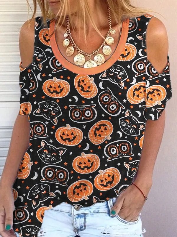 Cartoon Animal Pumpkin Print Hollow Short-sleeved T-shirt