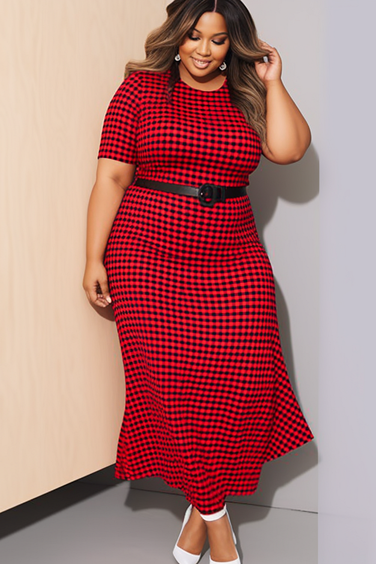 Plus Size Semi Formal Maxi Dresses Casual Red Houndstooth Spring Crew Neck Short Sleeve Knitted Maxi Dresses (Without Belt) [Pre-Order]