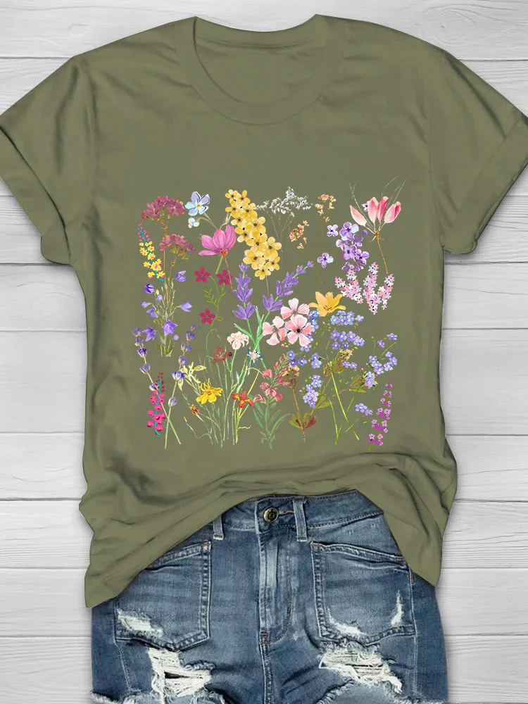 Aesthetic Wild Flower Printed Crew Neck Women's T-shirt
