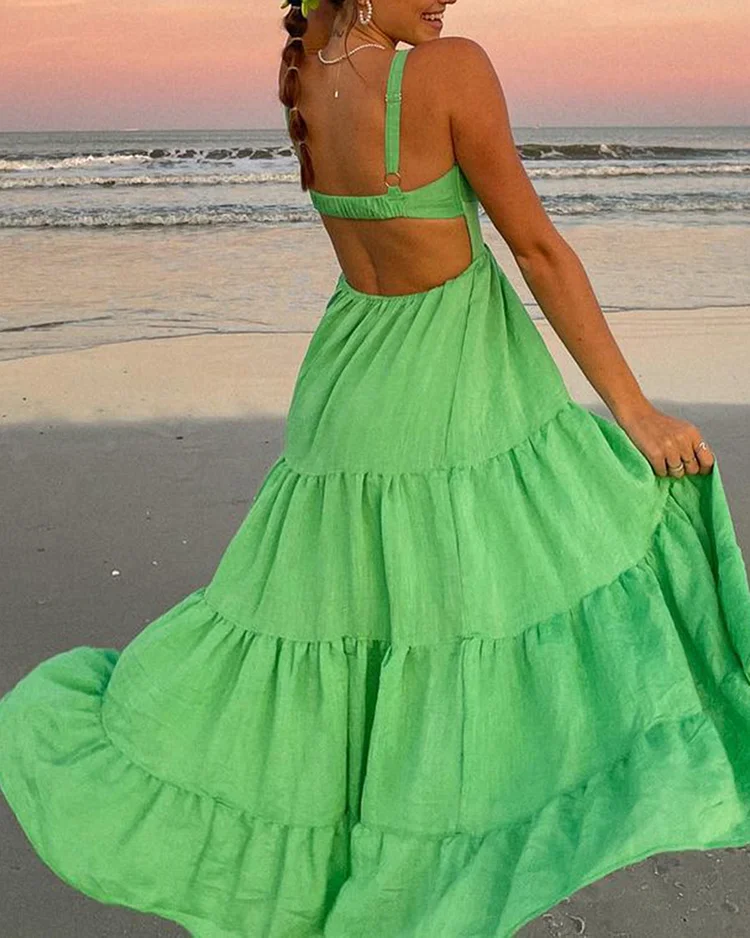 Women's solid color backless beach resort dress