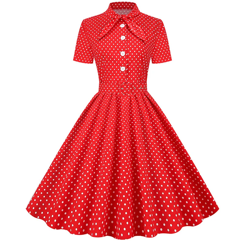 Short sleeved button polka dot retro dress