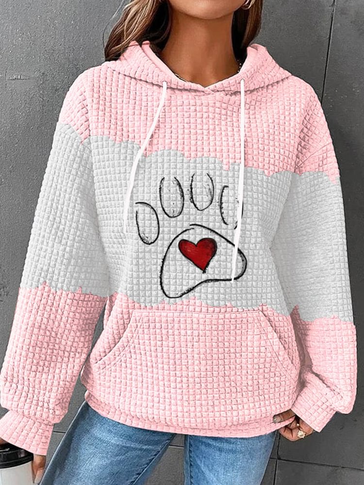 VChics Dog Paw Heart Waffle Print Colorblock Hoodie