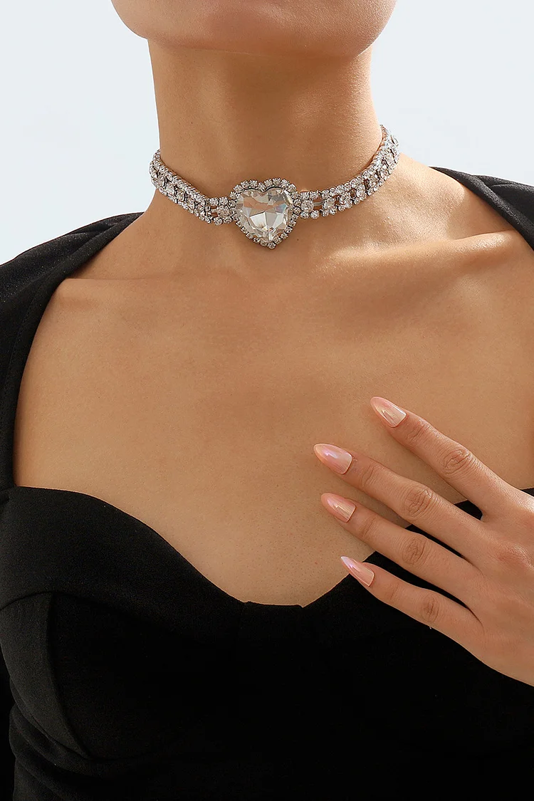 Rhinestone Chain Heart Decor Elegant Alloy Necklace