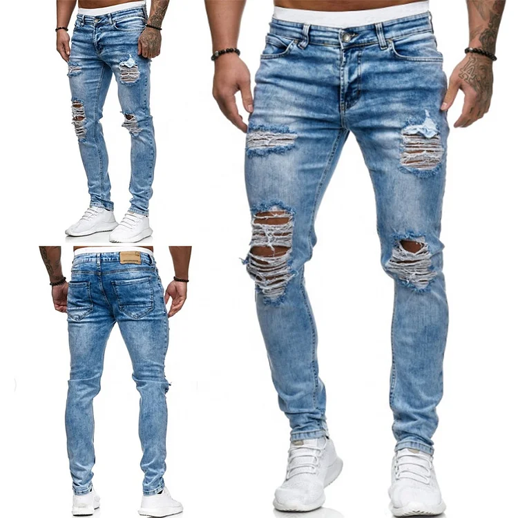 ditressed hole men's skinny jean fashion blue men's jeans