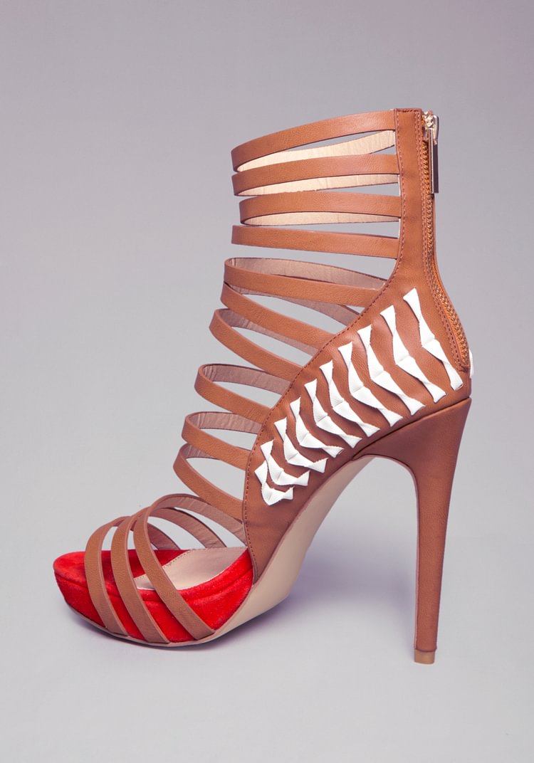 Tan Heels Open Toe Platform Strappy Stiletto Heel Sandals |FSJ Shoes