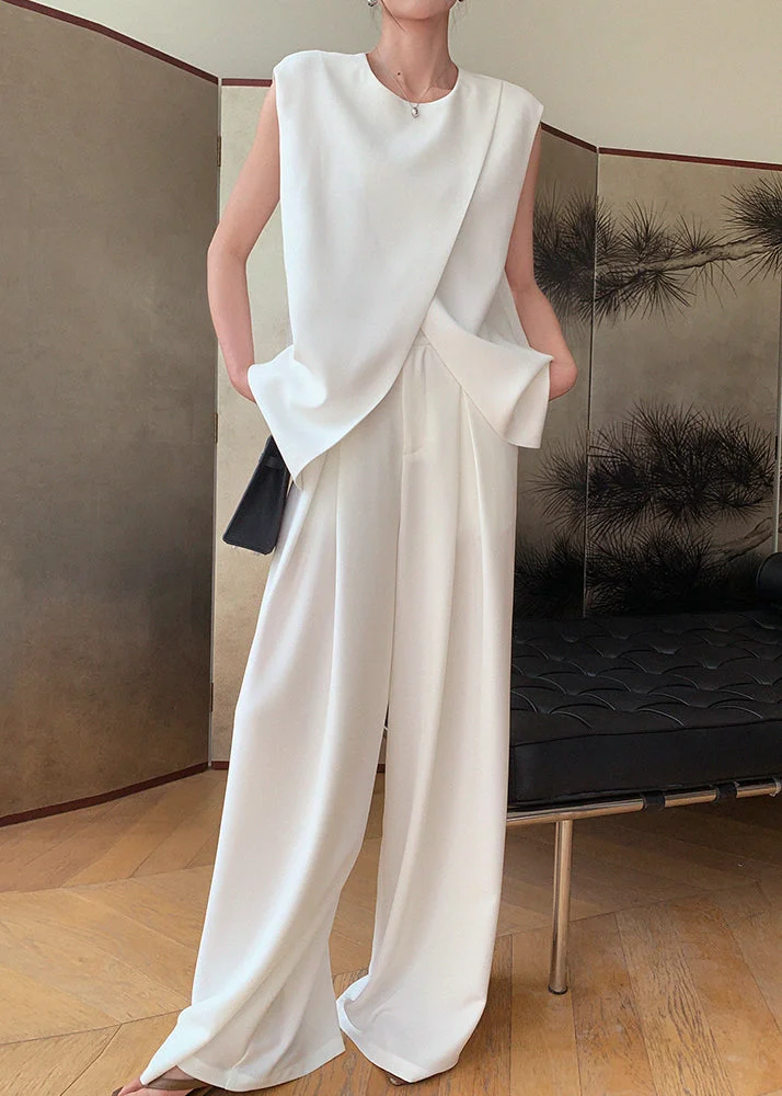 French Beige Asymmetrical Pockets Spandex Two Pieces Set Sleeveless Summer