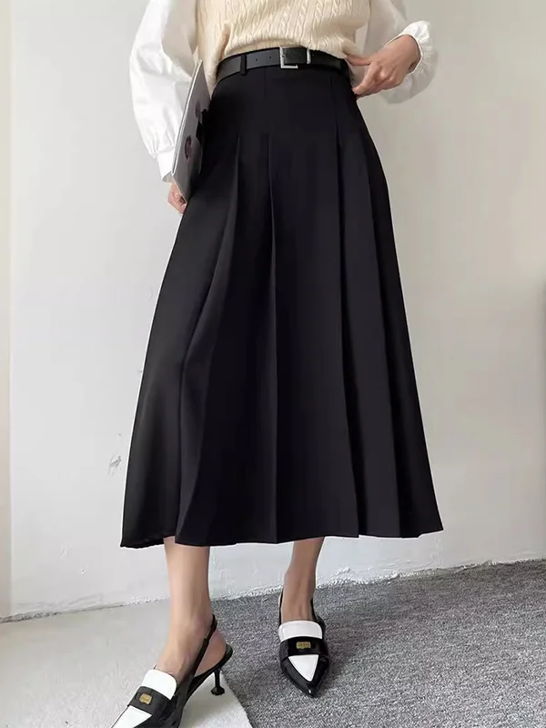 Pleated Solid Color Split-Joint A-Line High Waisted Skirts