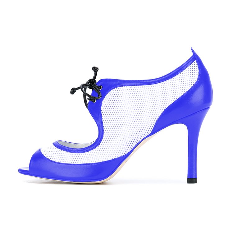 Women's Blue and White Peep Toe Heels Lace Up Stiletto Heel Pumps |FSJ Shoes