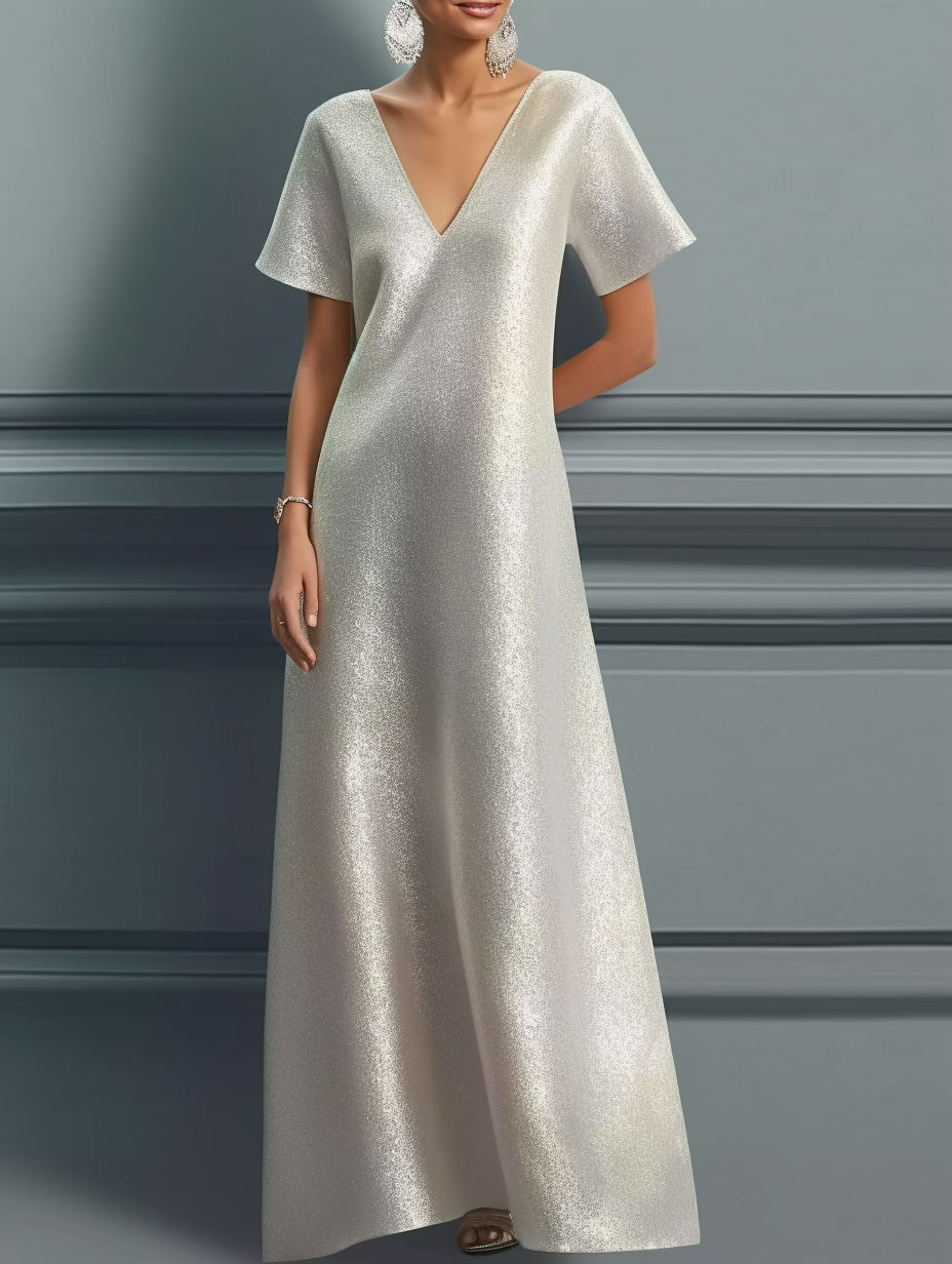 Solid Silver Elegant Prom Maxi Dress