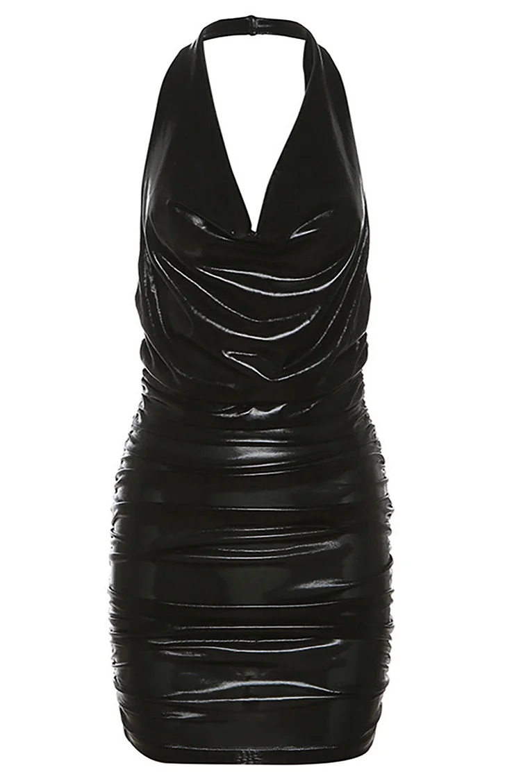 Bronzing Sleeveless Cowl Neck Backless Bodycon Ruched Party Mini Dresses