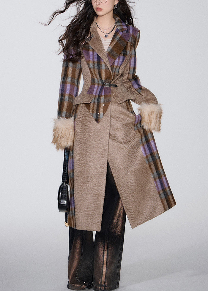 French Khaki Hooded Striped Pockets Patchwork Cotton Long Trench Coats Fall