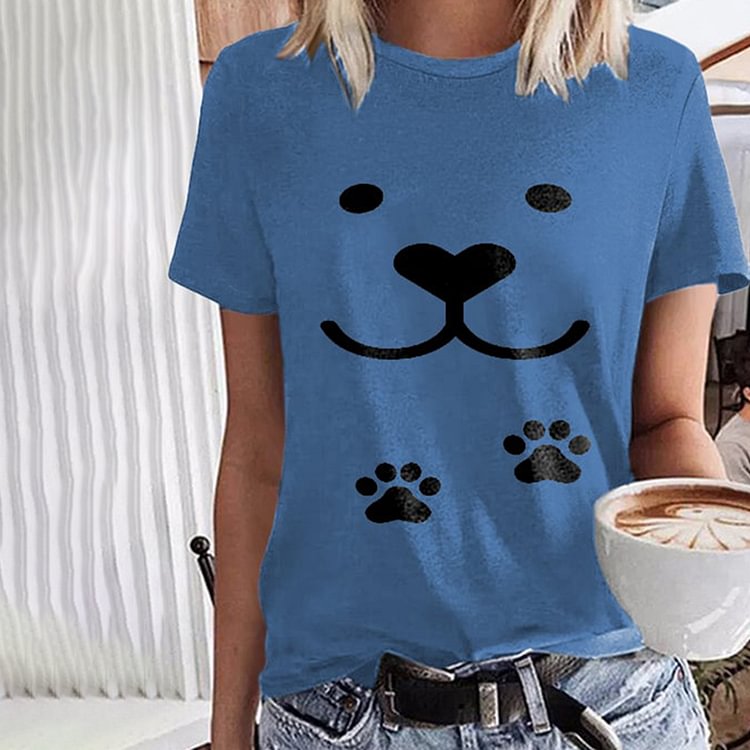 Vefave Dog Print Crew Neck Short Sleeve T-Shirt