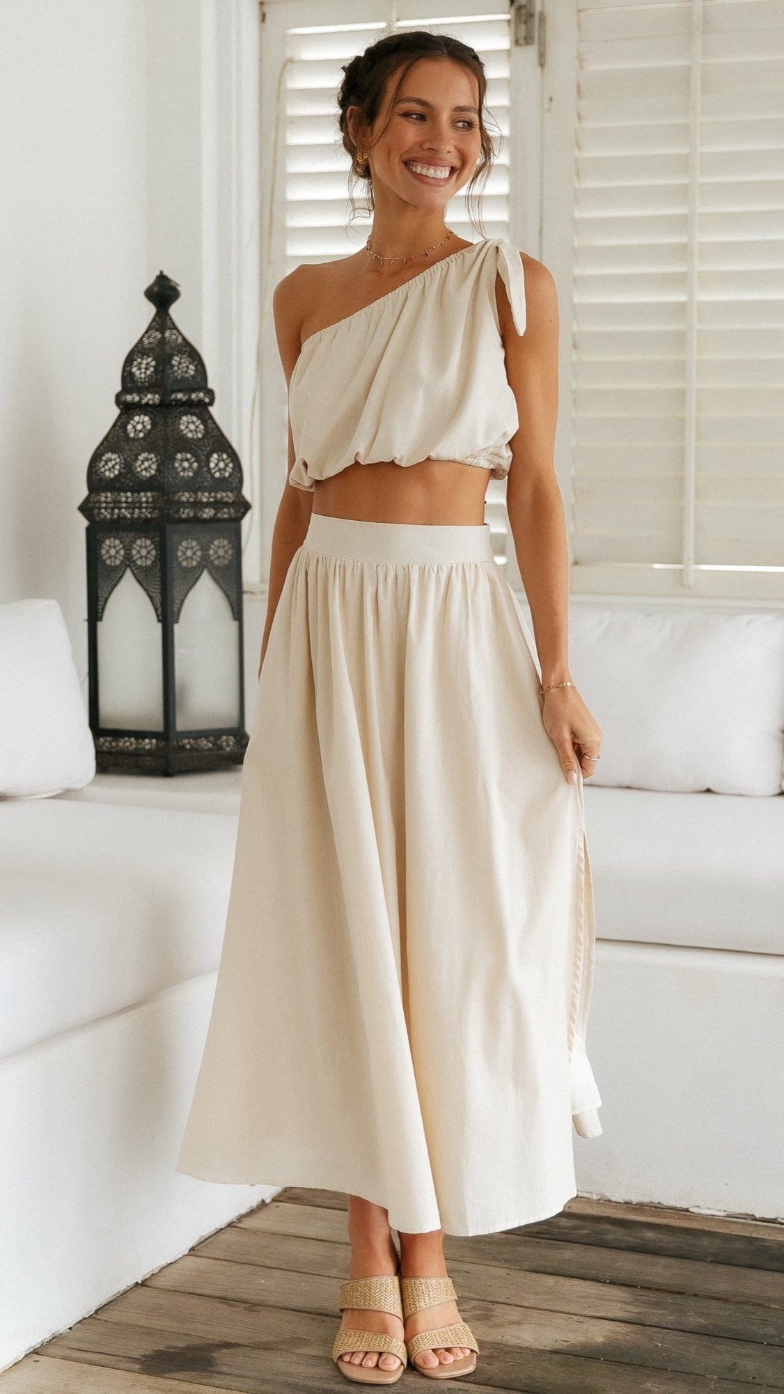 One Shoulder Drape Backless Top And Sequin Trim Skirt Set