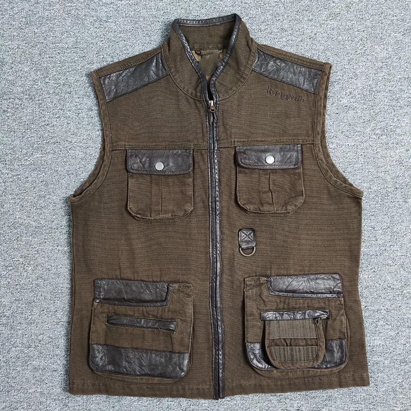 Heavy Canvas Spliced Cowhide Multi-Pocket Work Vest