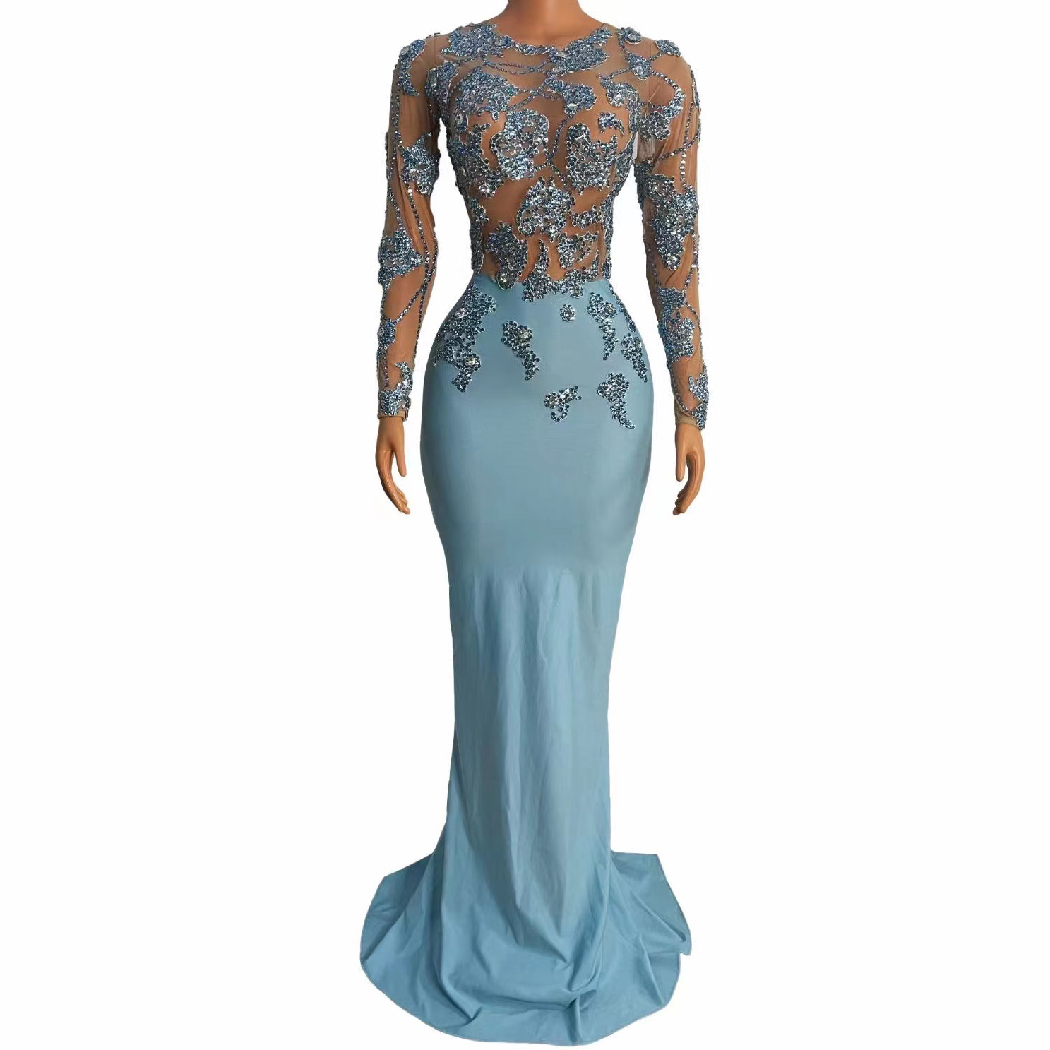 TAAFO Women Dress Style Blue Shiny Diamonds Tail Evening Gown Dress Wedding Dresses For Dinner Party