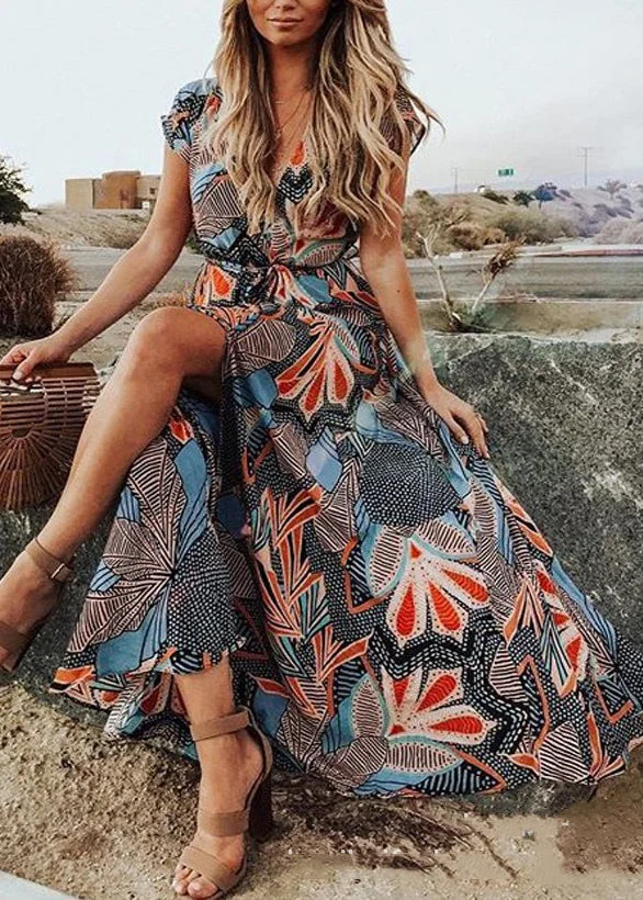 Boho Red V Neck Print Side Open Cotton Long Dress Summer