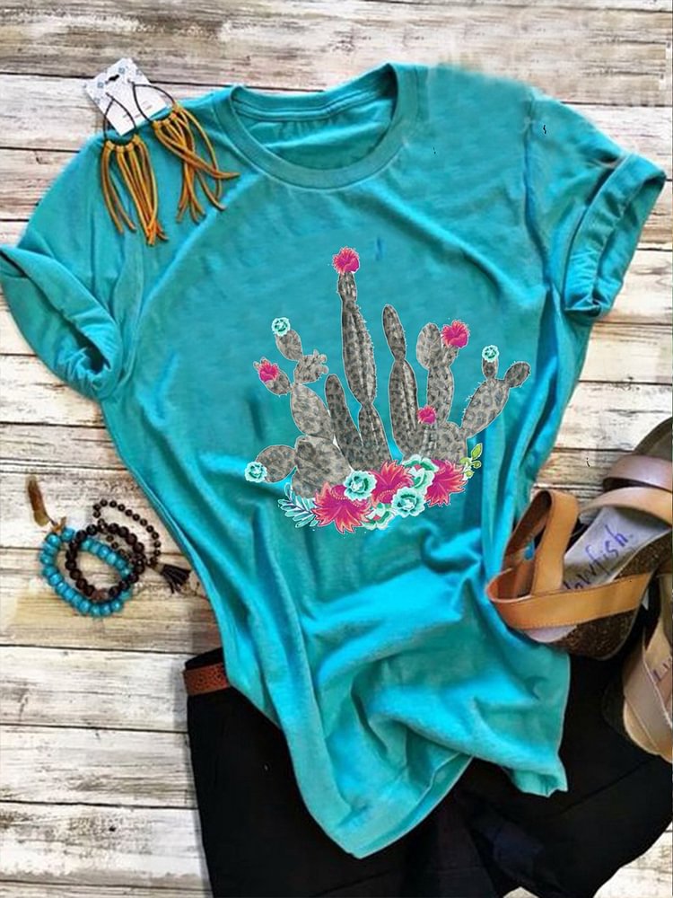 Bestdealfriday Blue Plants Short Sleeve Cotton Shirts Tops 9126128