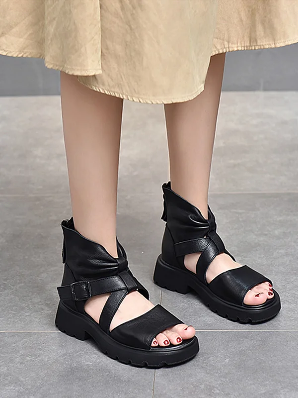 Retro Solid Casual Pleated Sandals 