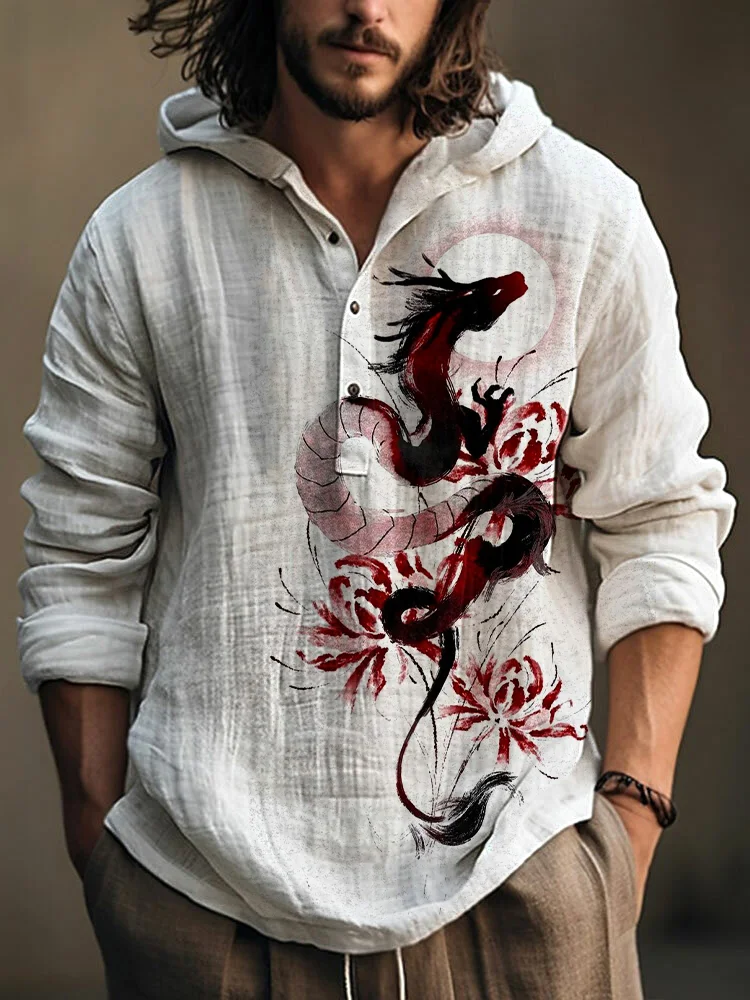 Comstylish Equinox Flower And Dragon Japanese Art Linen Blend Hoodie