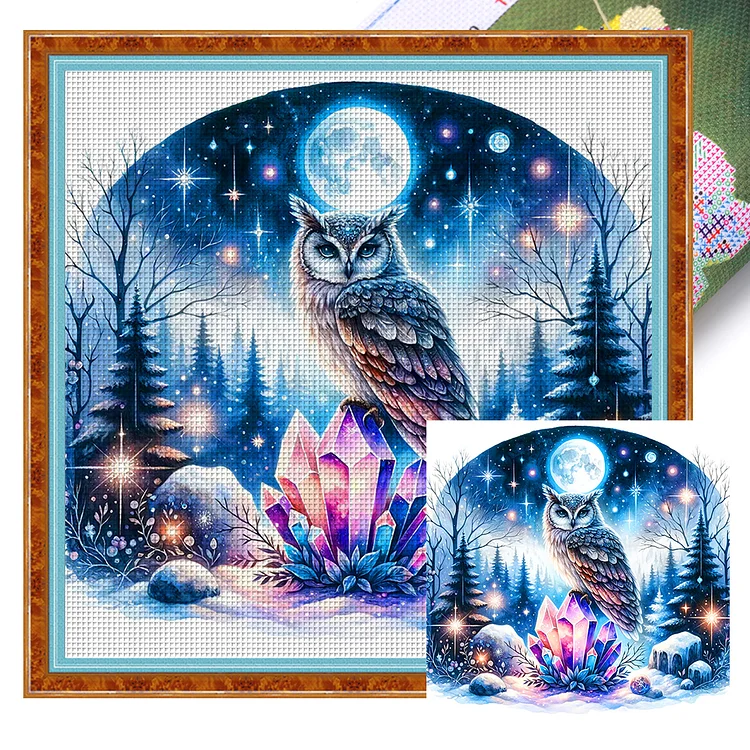 【Yishu Brand】Owl On Gemstone Under Moonlit Night 11CT Stamped Cross Stitch 40*40CM