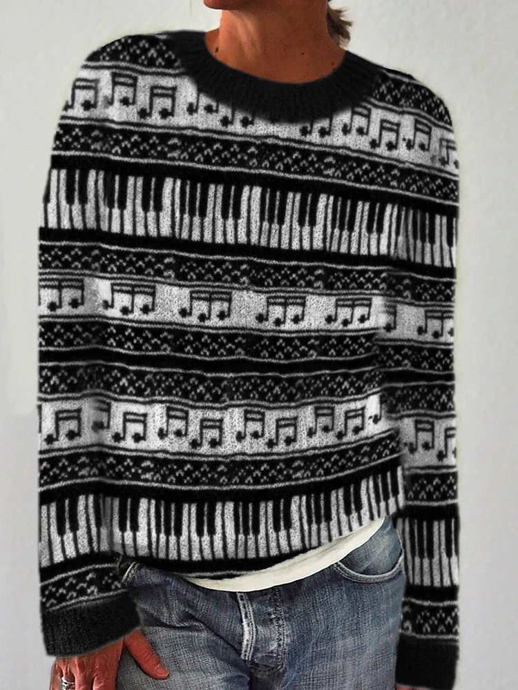 VChics Vintage Music Notes & Piano Inspired Cozy Knit Sweater
