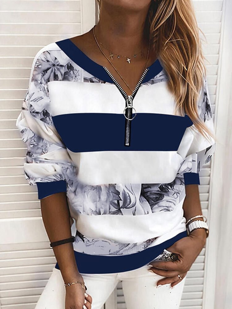Vintage Printed Long Sleeve V-neck Zip Front Sweatshirt For Women - Life is Beautiful for You - SheChoic