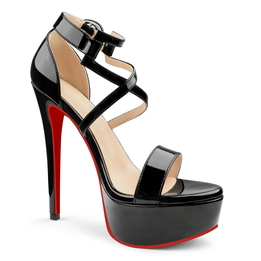 150mm Women's Open Toe Platform Sandals Ankle Strap High Heel Patent Red Bottom Summer Shoes-MERUMOTE