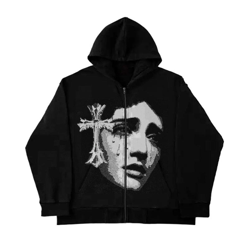 Cross Print Zipped Hoodie