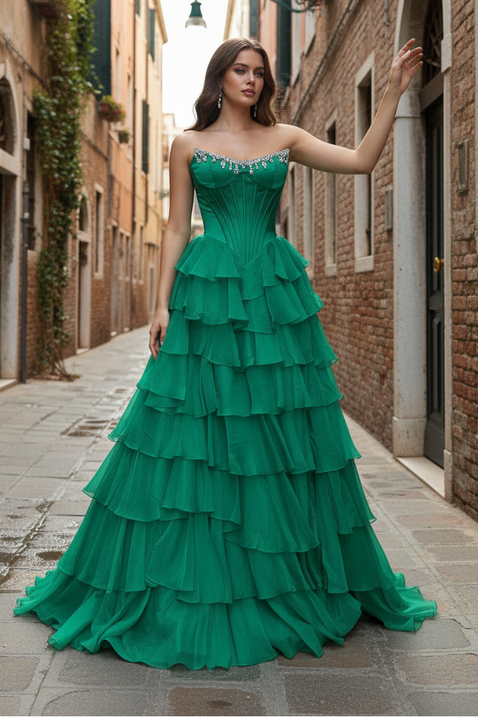 A Line Scoop Neck Green Chiffon Tiered Prom Dress with Beading