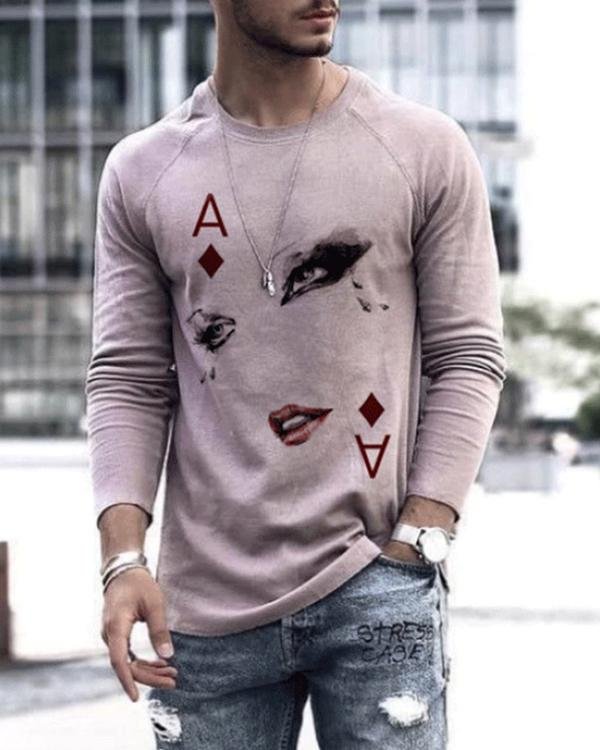 Mens Fashion Art Poker Print Long Sleeve T-shirt - Chicaggo